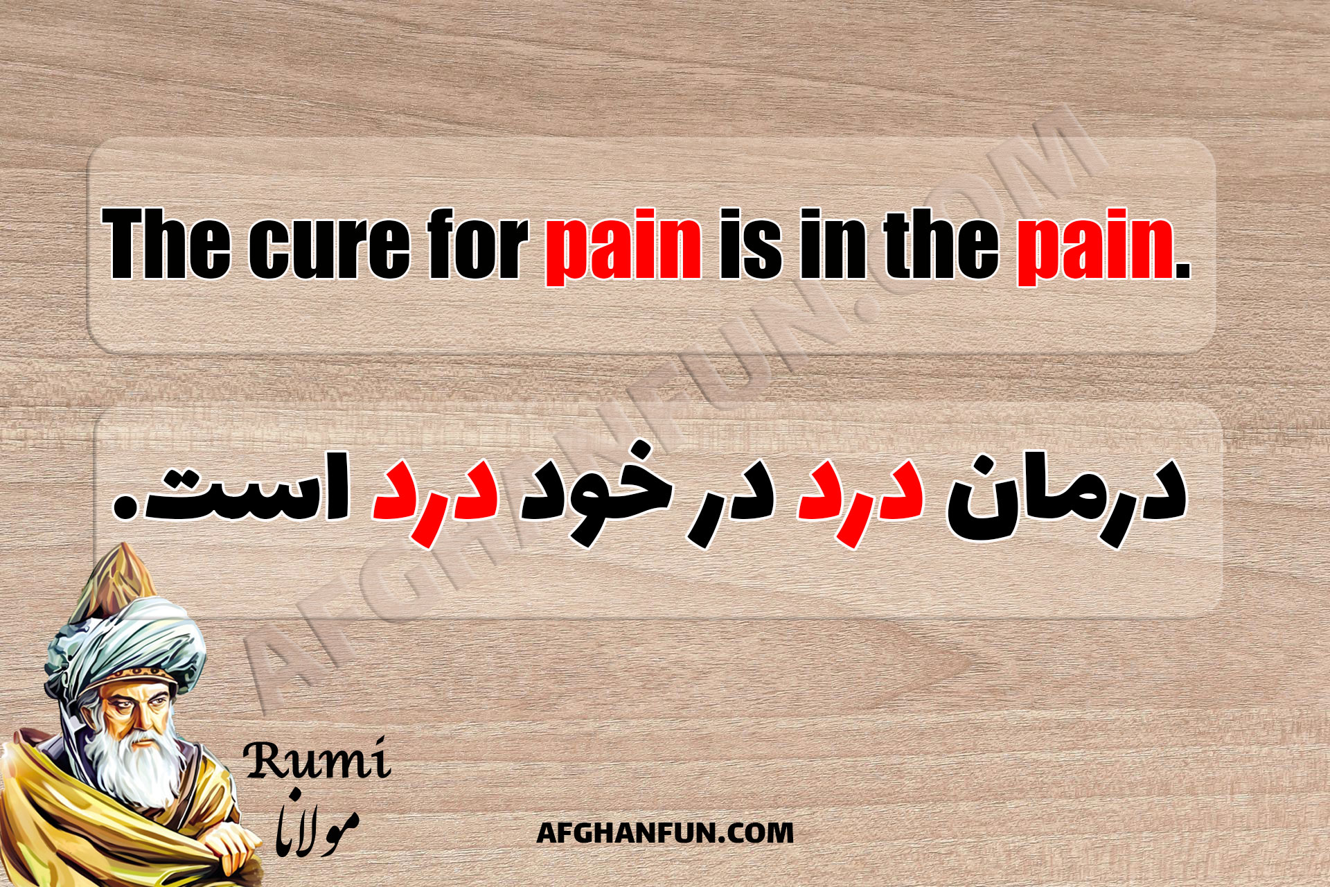 A textured image featuring a quote by Rumi: 'The cure for pain is in the pain.