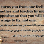 Textured background with Rumi quote: 'God turns you from one feeling to another and teaches by means of opposites so that you will have two wings to fly, not one.